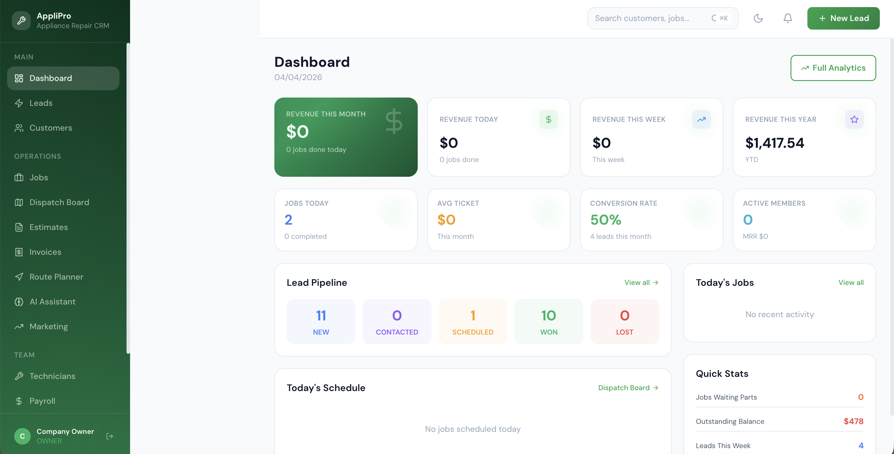 AppliPro CRM Dashboard — Real-time revenue, jobs, and technician management