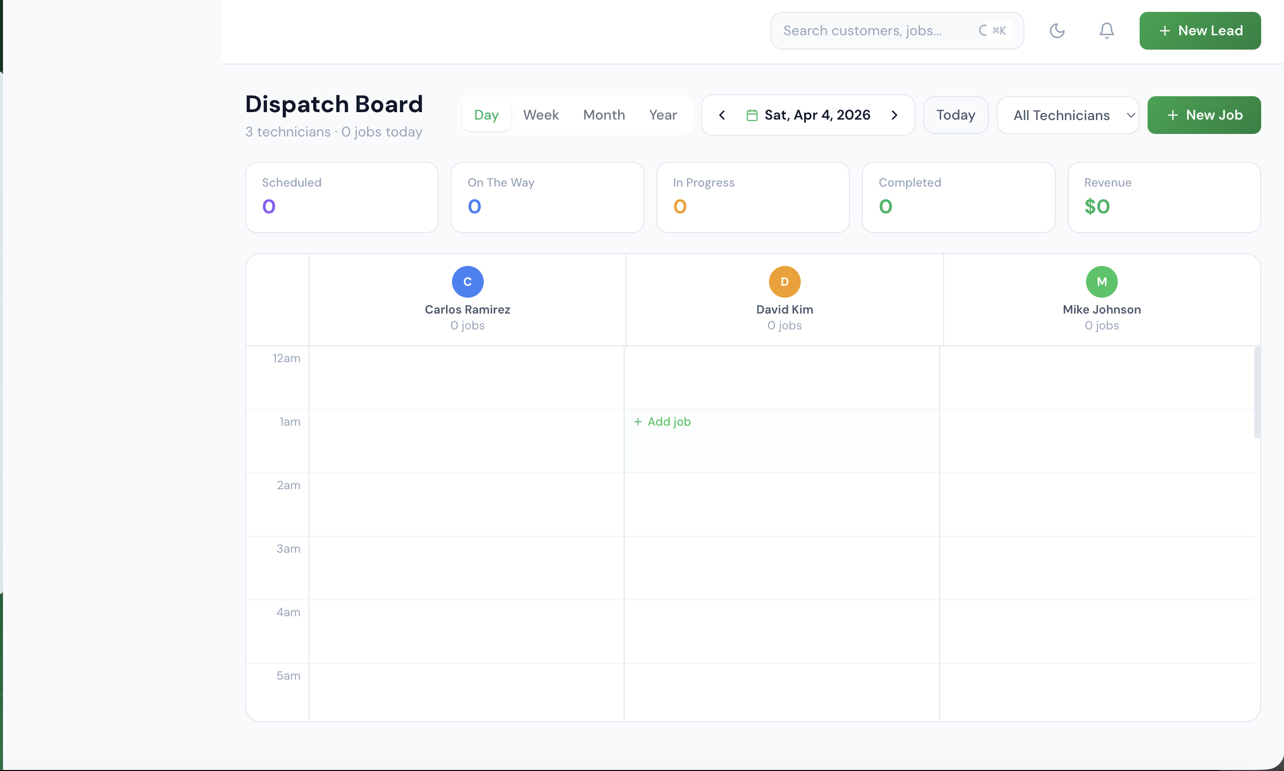AppliPro Dispatch Board — visual schedule of all technicians